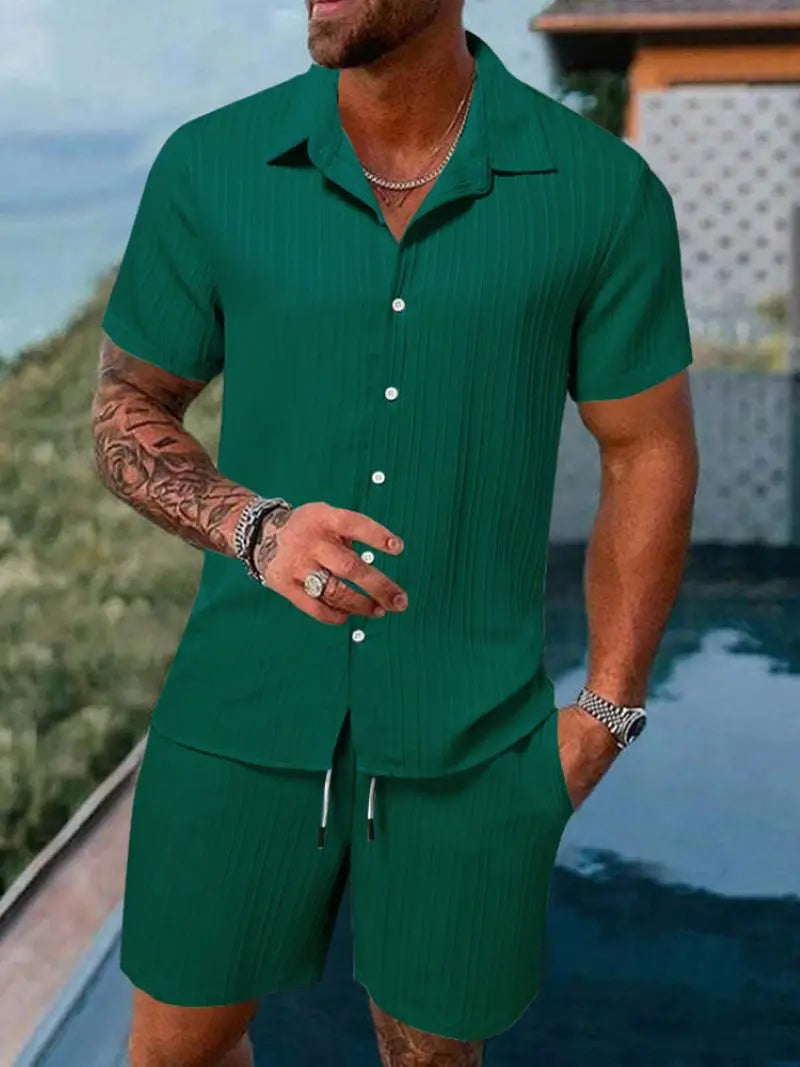 Men's Striped Jacquard Beach Shirt & Shorts Set — Spring Summer Casual Loose Fit, Europe & US Style