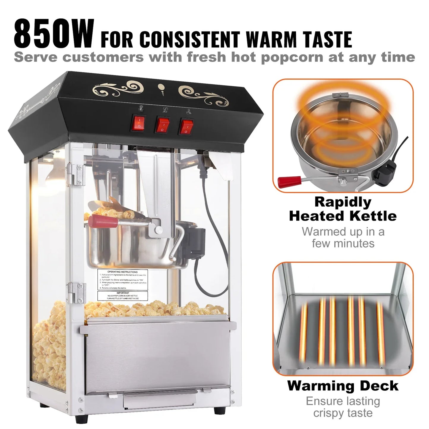 SucceBuy Commercial Popcorn Maker Machine — 850W Countertop Popper with 8oz Kettle, Makes 48 Cups