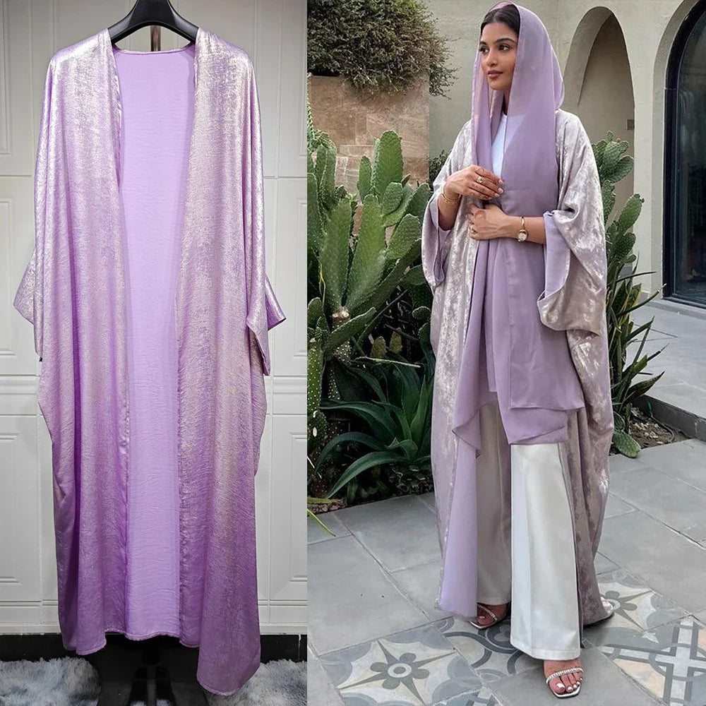 Women’s Shiny Satin Open Kimono Abaya – Luxury Dubai Ramadan Muslim Kaftan Dress