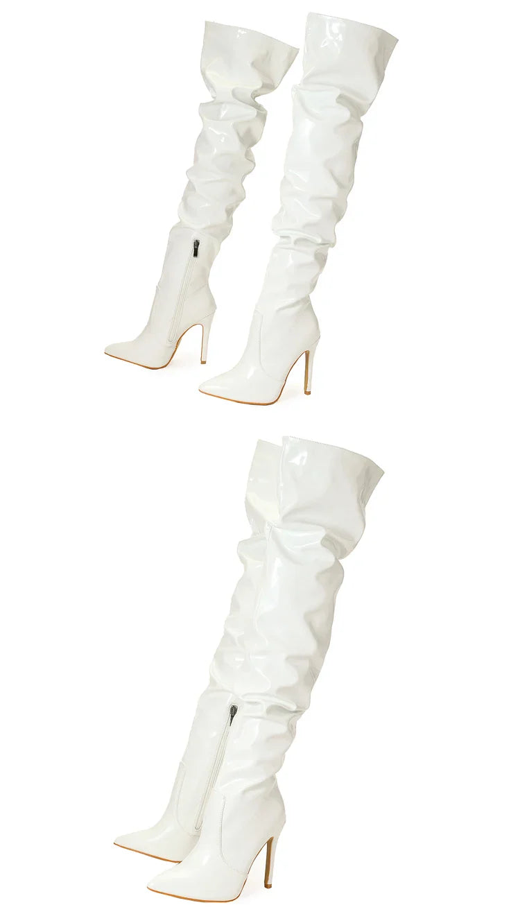 Eilyken Red Over-the-Knee Stiletto Boots for Women – Patent Leather Pointed Toe High Heel Zip-Up Shoes