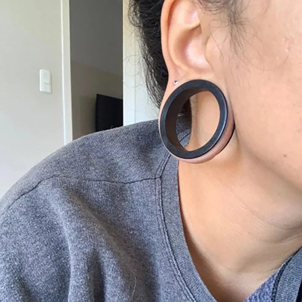 Pair of Supersize Black Silicone Double Flared Ear Tunnel Plugs — Flesh Gauge Expander Stretchers for Piercing