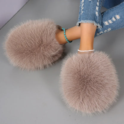 Women’s Winter Fashion Fur Slippers – Fluffy Plush Luxury Outdoor Non-Slip Flat Slides