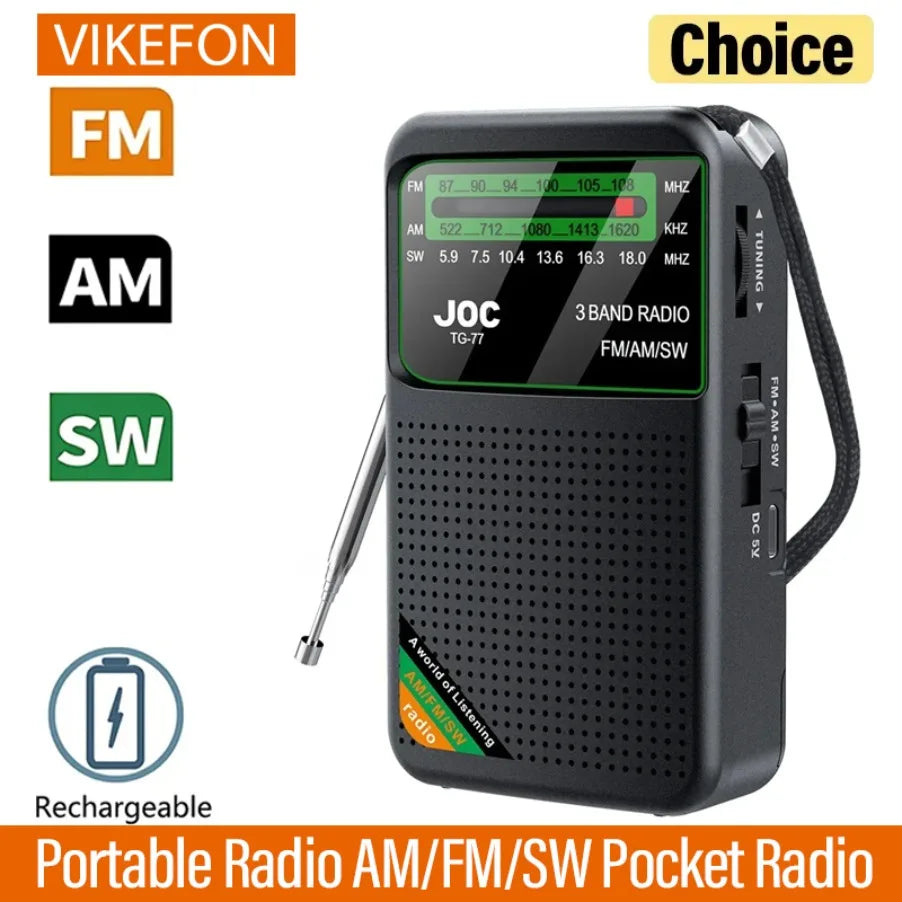 Portable AM/FM/SW Pocket Radio — Mini Receiver with Rechargeable Battery, Good Reception & Wired Earphone Support