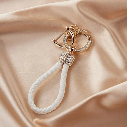 Handcrafted Braided Rope Keychain – Sparkling Rhinestone Car Key Ring, Stylish Monochrome Fashion Accessory