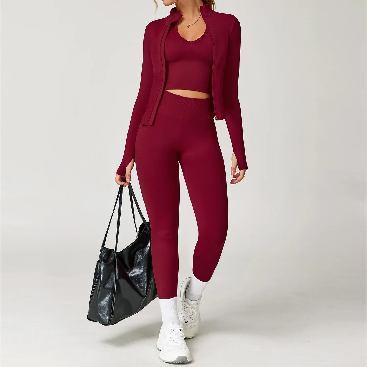 Women’s Seamless 2/3 Piece Yoga Set – Fitness Workout Sportswear with Leggings, Sports Bra & Long Sleeve Gym Outfit