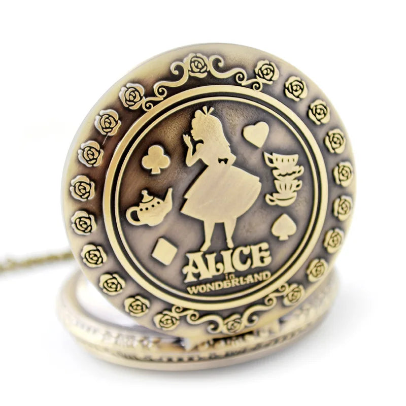 Disney Retro Alice in Wonderland Bronze Quartz Pocket Watch – Vintage Fob Watch Christmas & Birthday Gift