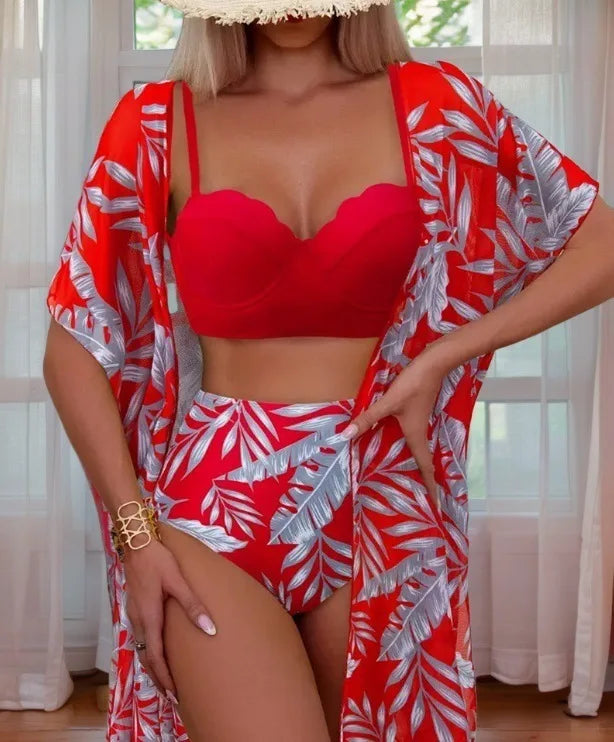 Elegant 3-Piece Vintage Bikini Set for Women – High Waist Swimsuit with Mesh Cover-Up 2025 Bathing Suit