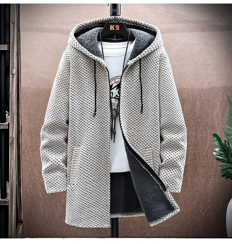 Men's Cashmere Hooded Cardigan Coat – Warm Fleece Long Sweater Jacket for Autumn Winter