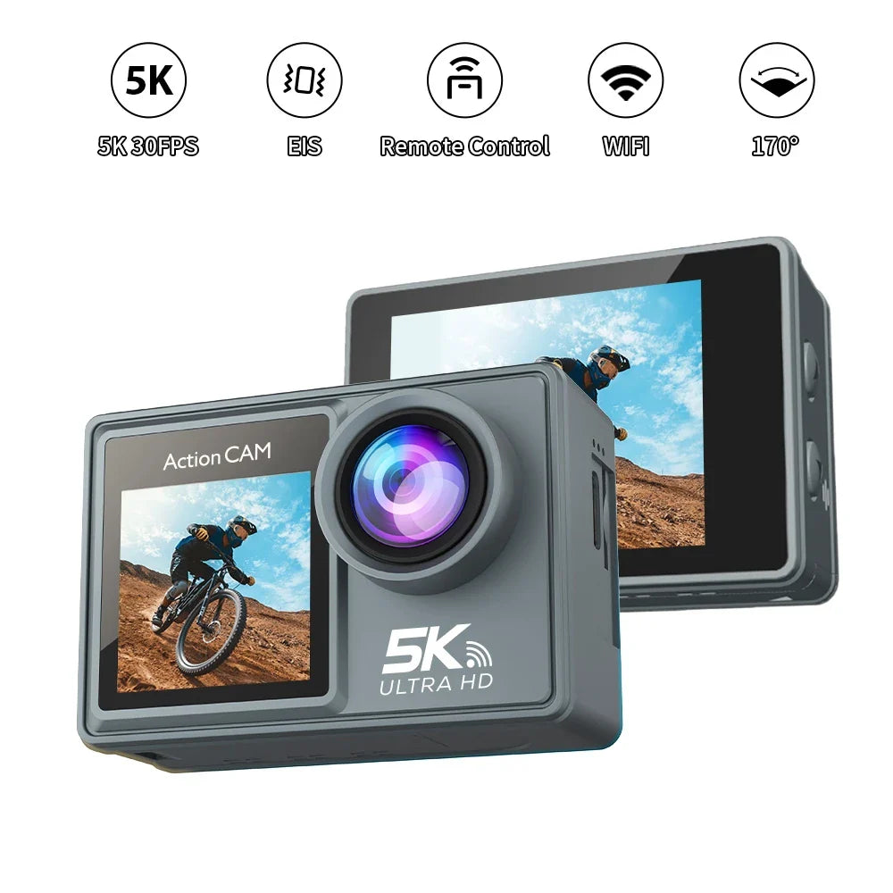 5K Action Camera – 4K 60FPS Dual IPS Touchscreen, WiFi, 170° Wide-Angle, 30M Waterproof, 5X Zoom, Anti-Shake, Remote Control