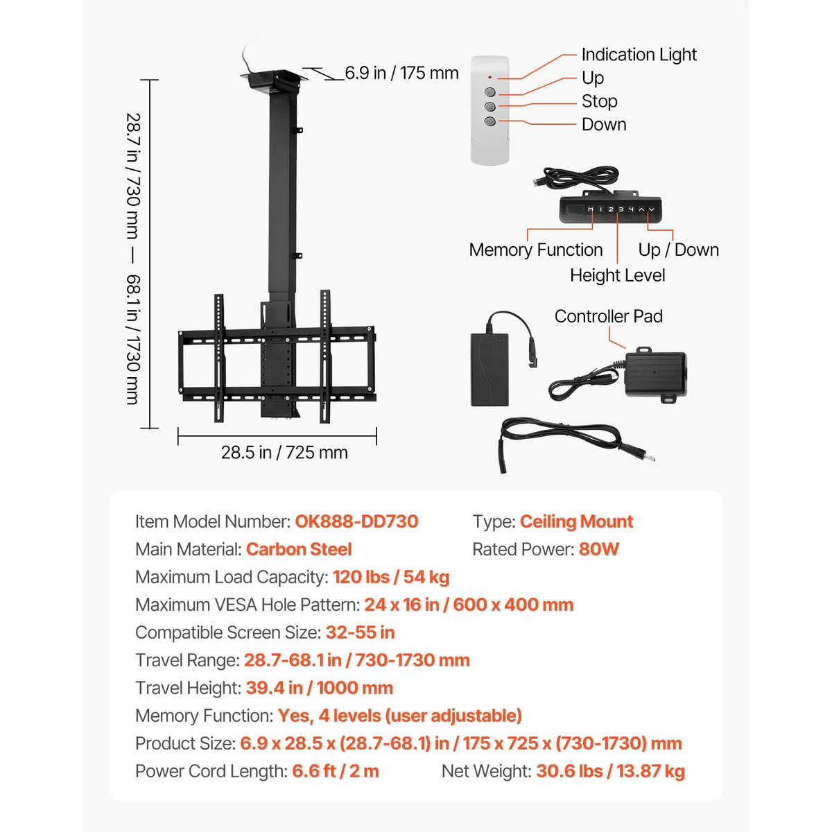 SucceBuy Motorized TV Wall Mount Bracket for 32–70 Inch TVs – Adjustable Electric Lift, Heavy Duty, Max VESA 24x16/24, 88–132 lbs Capacity