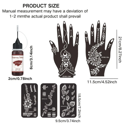 Henna Tattoo Kit - 5-Piece Mandala Stencil Set with Wine Red Temporary Tattoo Paste