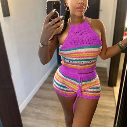 Women’s Rainbow Striped Knit 2-Piece Set – Halter Lace-Up Backless Top & Slim Fit Shorts Casual Outfit