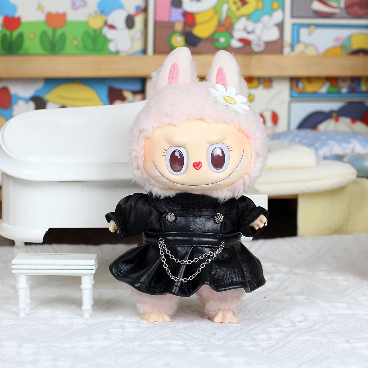 Leather Jacket & Skirt Set — Motorcycle Style Outfit for 17cm Labubu Dolls