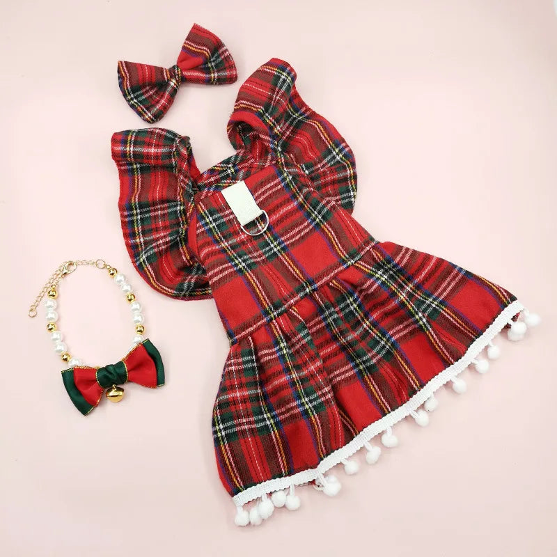 Christmas Dog Dress with Straps - Festive Autumn/Winter Skirt for Small Dogs, Cat Pet Clothing in Checker Pattern for Holiday Cosplay
