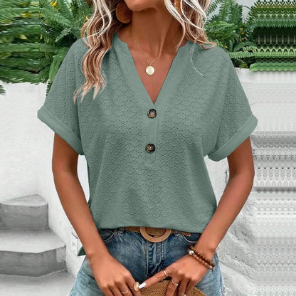 2023 Women's Jacquard V-Neck Blouse – Casual Button-Up, Loose Fit Short Sleeve Oversized Summer Shirt