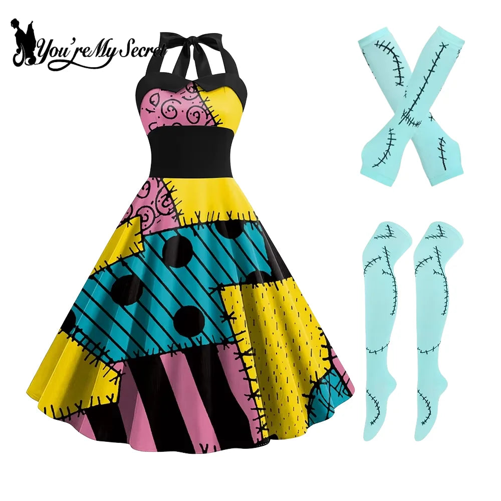 Sally Halloween Cosplay Dress Set - Long Sleeve Party Costume with Wig & Socks