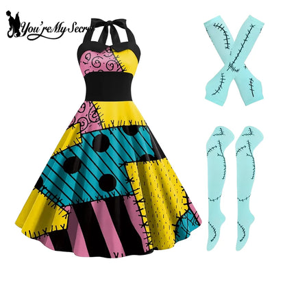 Sally Halloween Cosplay Dress Set - Long Sleeve Party Costume with Wig & Socks