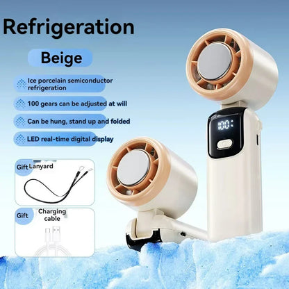 2025 Portable Hanging Ice Pack Neck Fan – High-Speed Folding Handheld Fan with 100-Speed Infinitely Adjustable Cooling for Outdoor Use