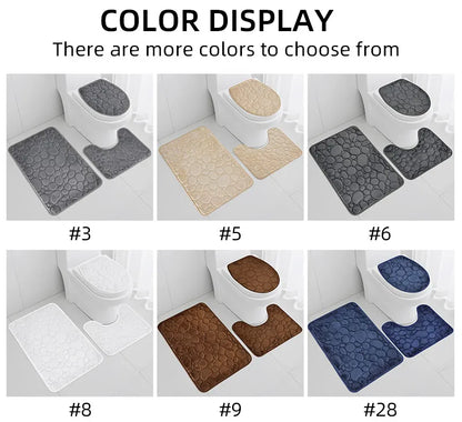 Solid Color Simple Bathroom Mat Set - Water-Absorbing, Non-Slip Stone Pattern, Comfortable & Soft (3PC)