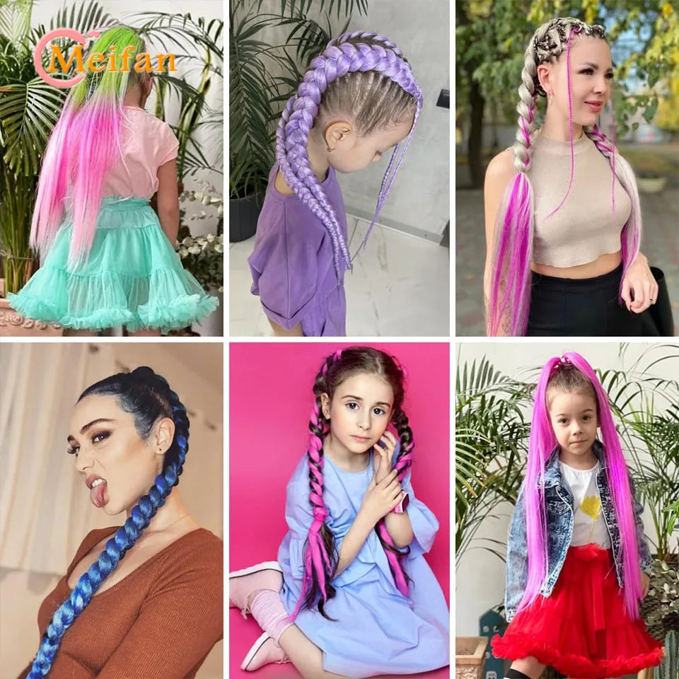 MEIFAN Synthetic Color Braid Ponytail Extension – Red, Green, Blue, Pink, Straight Hair Wrap Around with Elastic Tie
