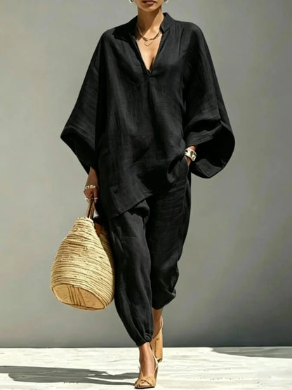 Women’s Linen Casual Set - Summer Loose Deep V-Neck Batwing Sleeve Nine-Piece Solid Color Outfit