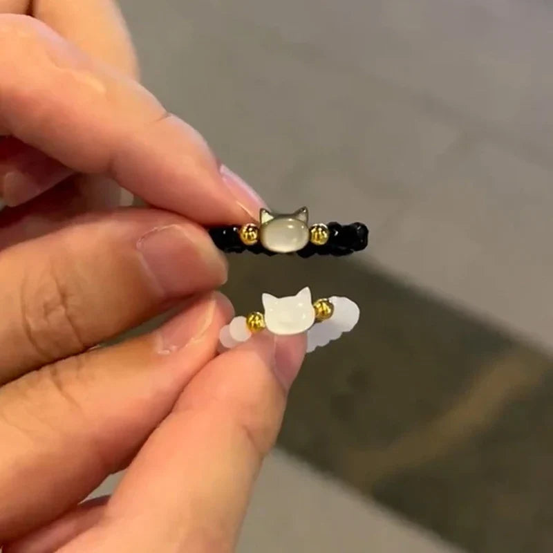 Cute Cat Beaded Rings - Handmade Black & White Stone Couple Rings for Women & Men Korean Fashion Lovers Friends Jewelry Gift