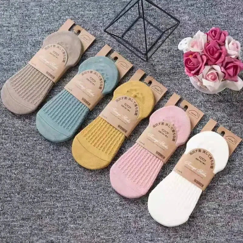 5 Pairs Women's Silicone Invisible Boat Socks - Summer Solid Color Ankle Socks, Soft Cotton Slipper, Size 35-40 EUR