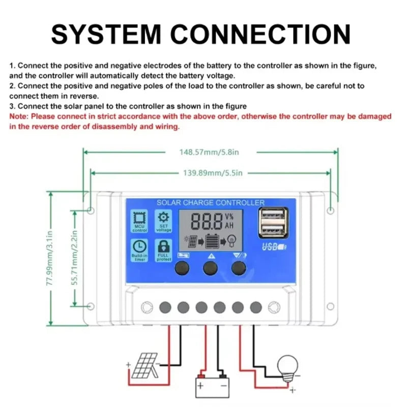 Solar Charge Controller - 12V/24V PV Regulator with LCD Display Dual USB 5V Output Load Discharge for Solar Panels