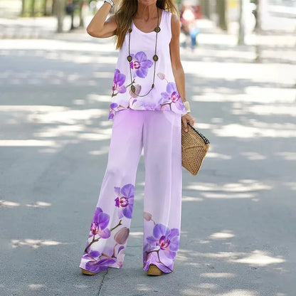 Women Printed 2-Piece Summer Suit Set – Sleeveless Round Neck Top & Wide Leg Pants Casual Loose Fit Outfit