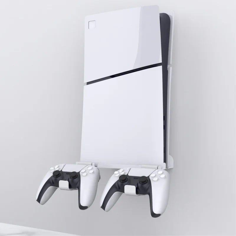 Wall-Mounted PS5 Slim Console Stand – Holder with 2 Controller Hooks & Punch Alignment Sticker, Easy Installation