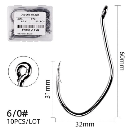10pcs Catfish Fishing Hooks – High Carbon Steel Barbed Circle Hooks 6/0–10 V-Sharp Tackle