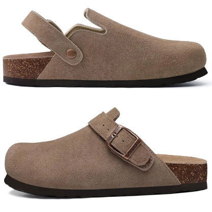 Asgard Women’s Genuine Leather Clogs – Soft Cork Footbed Cow Suede Mules with Adjustable Strap, Fashion Comfort Slip-On Slippers