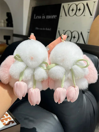 Cute Real Rex Rabbit Fur Keychain – Mini Bunny Pendant Bag Charm & Car Key Ring Plush Toy Gift for Women