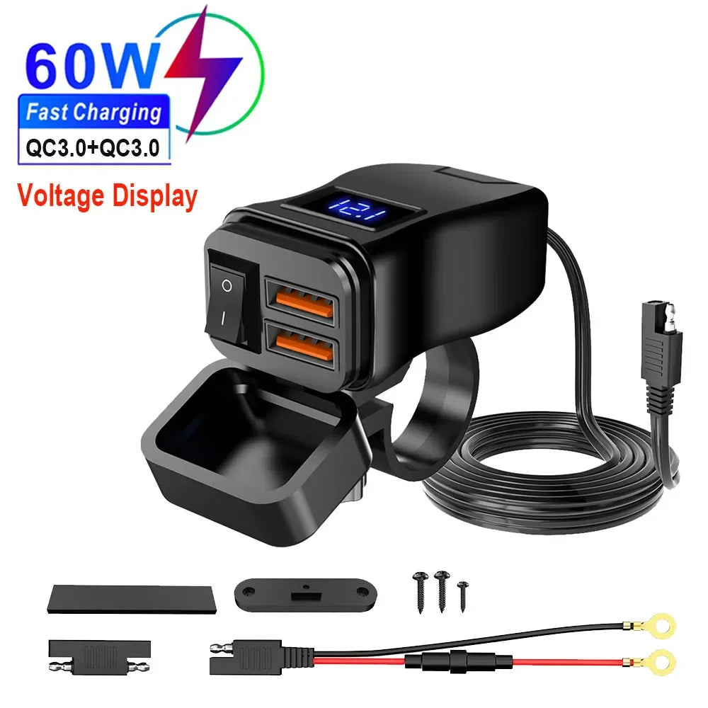 PD QC3.0 Motorcycle USB Fast Charger — 60W Dual USB Handlebar Socket with Switch & Voltmeter, Waterproof 12V Power Adapter
