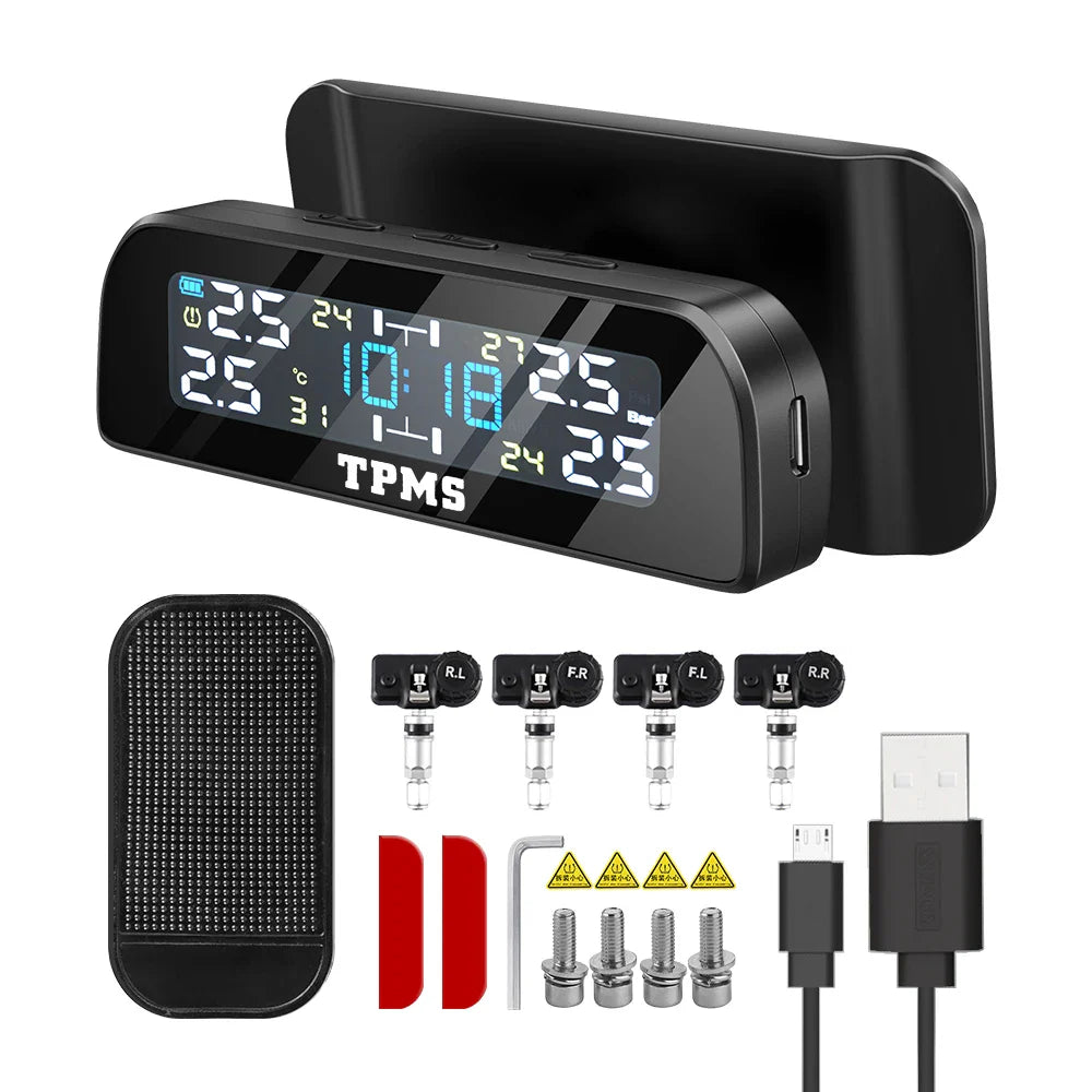 Solar TPMS Tire Pressure Monitoring System – 4-Wheel External Sensors with Temperature Alarm for Car Tyre Safety