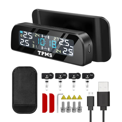 Solar TPMS Tire Pressure Monitoring System – 4-Wheel External Sensors with Temperature Alarm for Car Tyre Safety