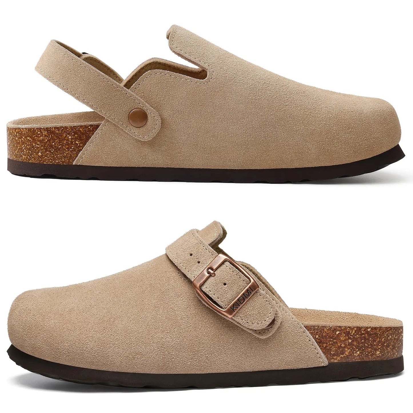 Asgard Women’s Genuine Leather Clogs – Soft Cork Footbed Cow Suede Mules with Adjustable Strap, Fashion Comfort Slip-On Slippers