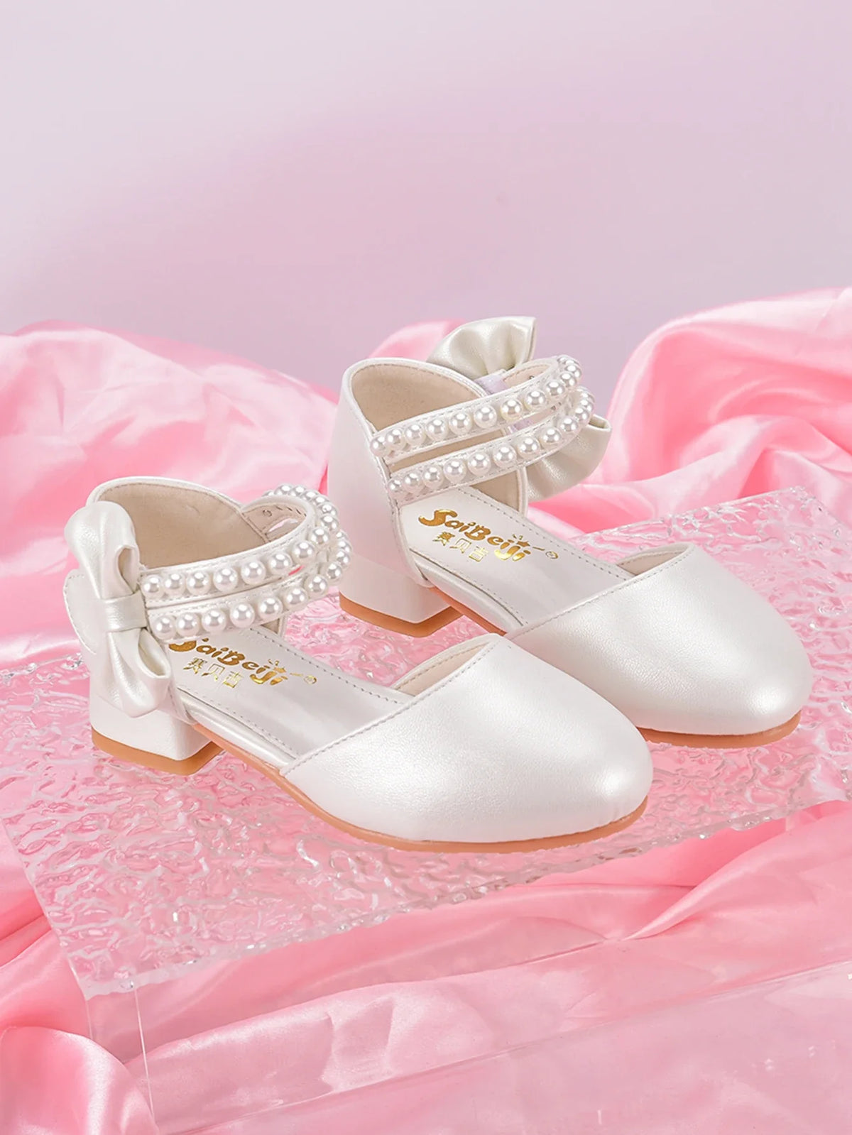 Girls’ Princess High-Heel Shoes - White Pearl Dress Shoes for Big Kids, Spring/Summer Style