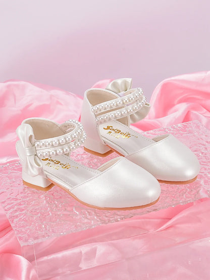 Girls’ Princess High-Heel Shoes - White Pearl Dress Shoes for Big Kids, Spring/Summer Style
