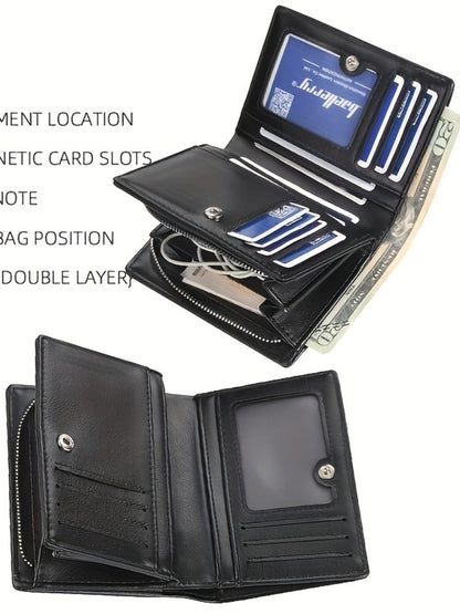 Men’s PU Leather Short Wallet – Vintage Zipper Coin Pocket, Large Capacity Money & Card Holder