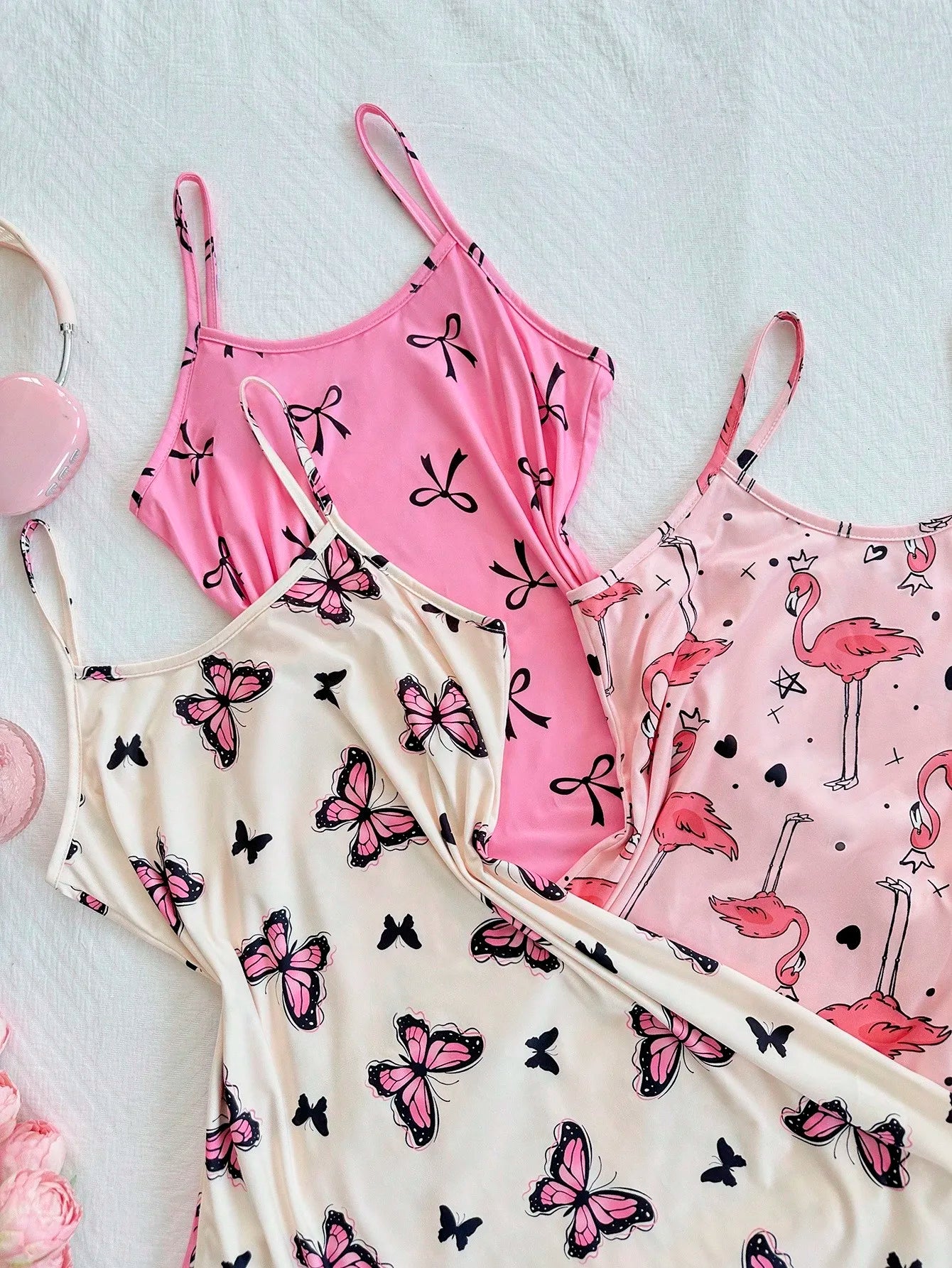3-Piece Women's Camisole Nightgown Set – Cute Butterfly, Bow & Flamingo Print Sleepwear