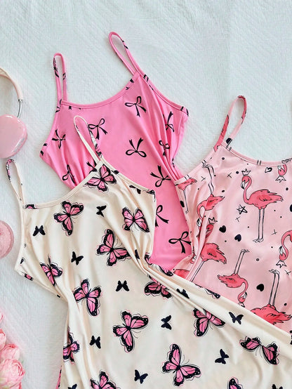 3-Piece Women's Camisole Nightgown Set – Cute Butterfly, Bow & Flamingo Print Sleepwear