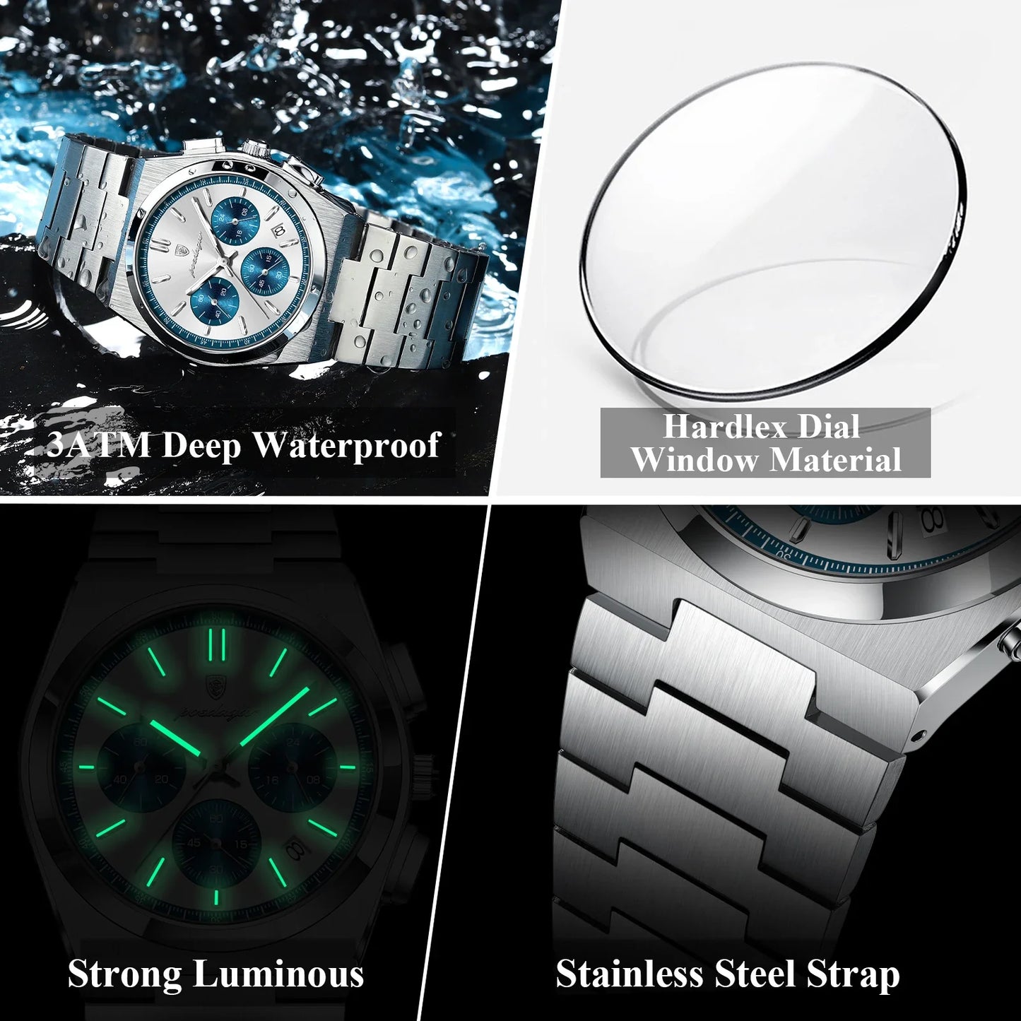 POEDAGAR Luxury Men’s Sport Chronograph Watch – Stainless Steel Waterproof Quartz Wristwatch with Date & Luminous Display
