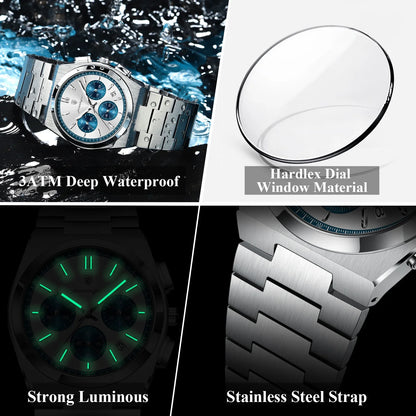 POEDAGAR Luxury Men’s Sport Chronograph Watch – Stainless Steel Waterproof Quartz Wristwatch with Date & Luminous Display
