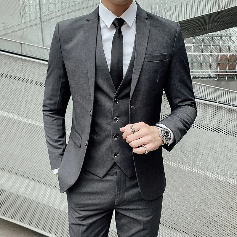 Men’s Business Suit Set — Blazer, Vest & Pants, Slim Fit Solid Color Wedding & Formal Dress Suit, Plus Size
