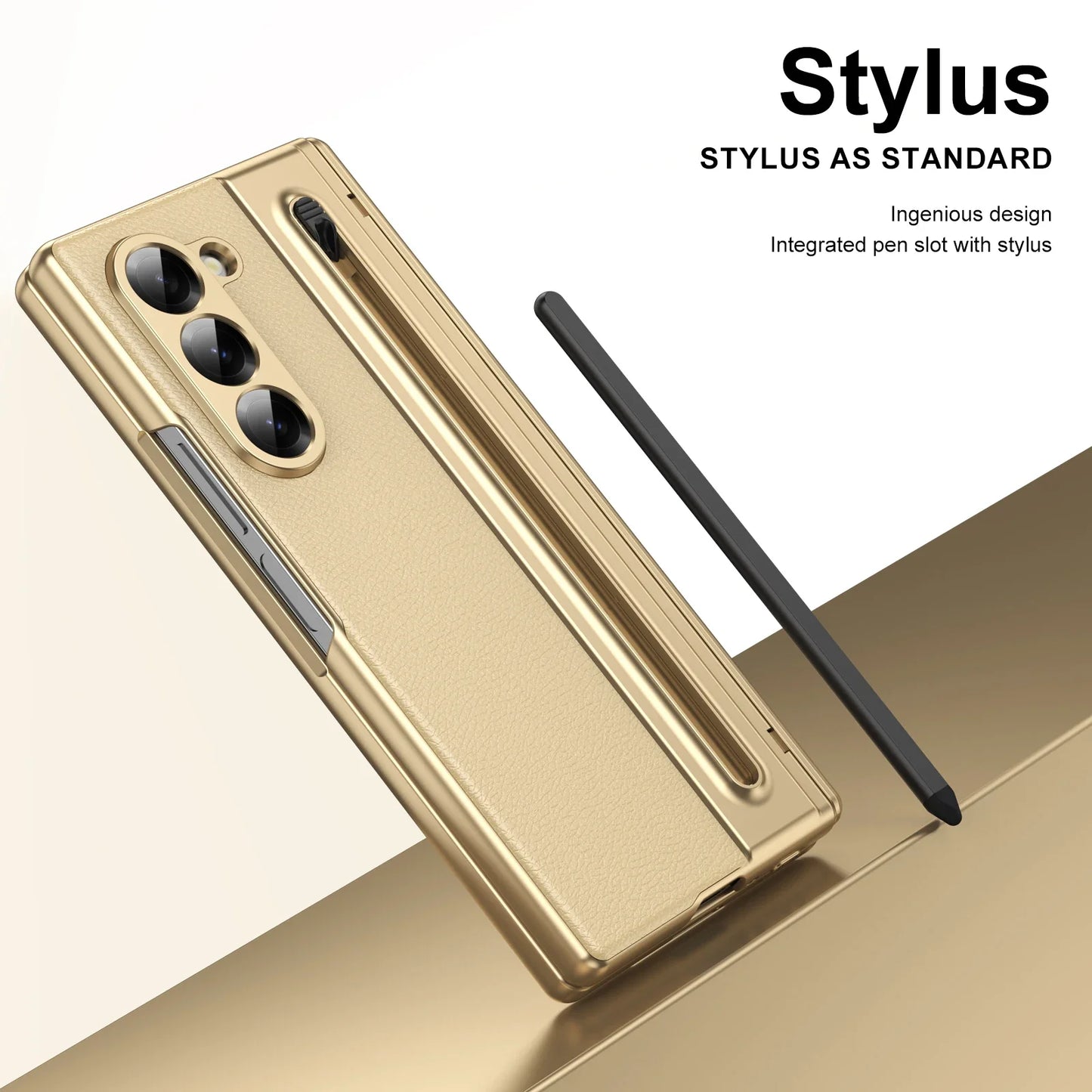 Slim Leather Case with Touch Pen for Samsung Galaxy Z Fold 6/5/W25/4/3 – Plated Hinge & Full Screen Protector Cover
