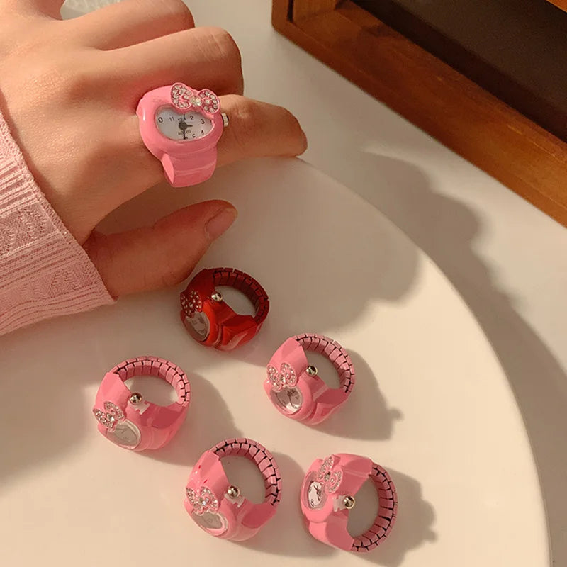 Kawaii Sanrio Hello Kitty Watch Ring - Cute KT Cat Bow Rhinestone Clock Ring Watches for Girls - Kids' Jewelry and Toy Gifts