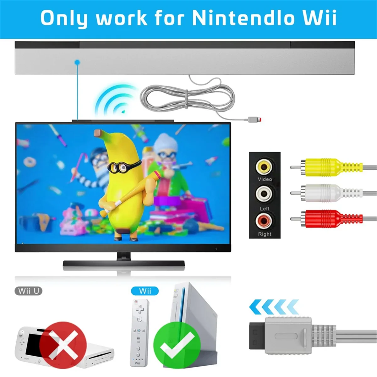 3-in-1 Wired Motion Sensor Bar Kit – AC Power Adapter & Composite AV Cable for Nintendo Wii (EU Plug)