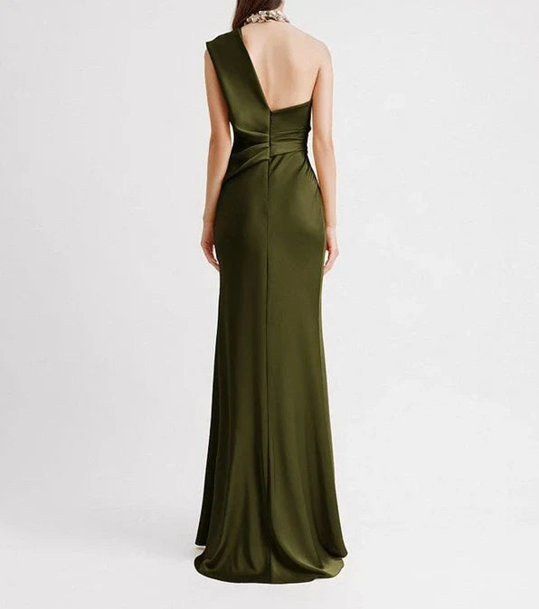 Women’s Solid Color Long Dress – Slanted Collar, Raglan Sleeves, Pleated Waist, Retro Elegant Commuting Style