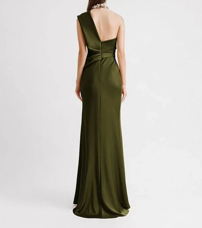 Women’s Solid Color Long Dress – Slanted Collar, Raglan Sleeves, Pleated Waist, Retro Elegant Commuting Style